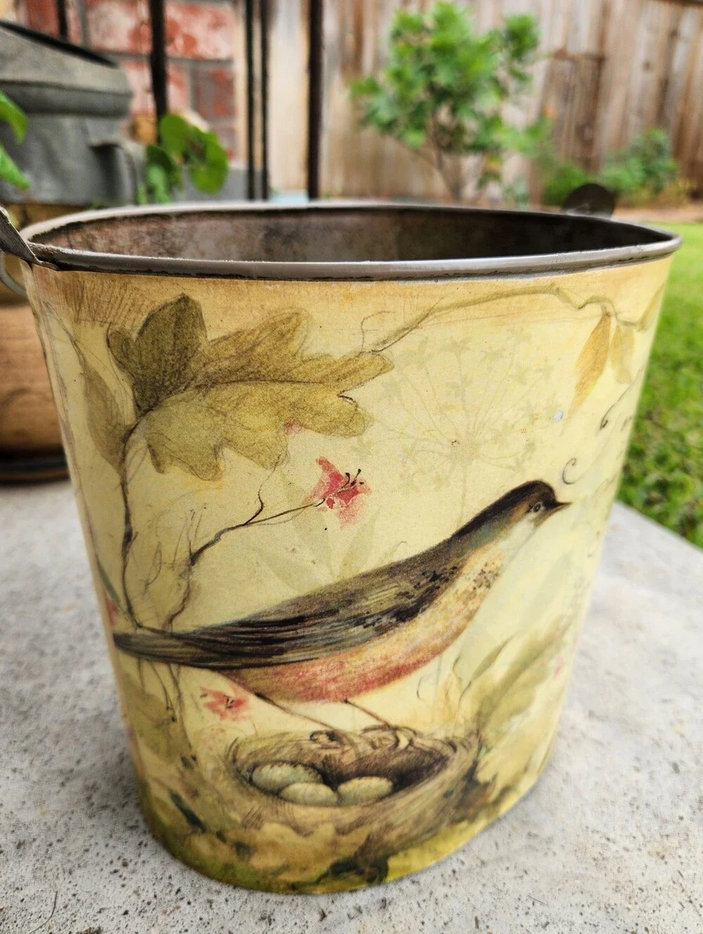 Vintage Woodland Art Print Handled Metal Pail Bucket Birds Nest w/Script Writing